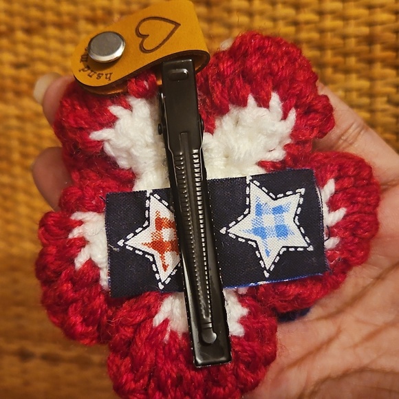 Handmade Red and Blue Crochet Flower Hair Clip Hand Crafted Brooch Patriotic 4" - Picture 14 of 17